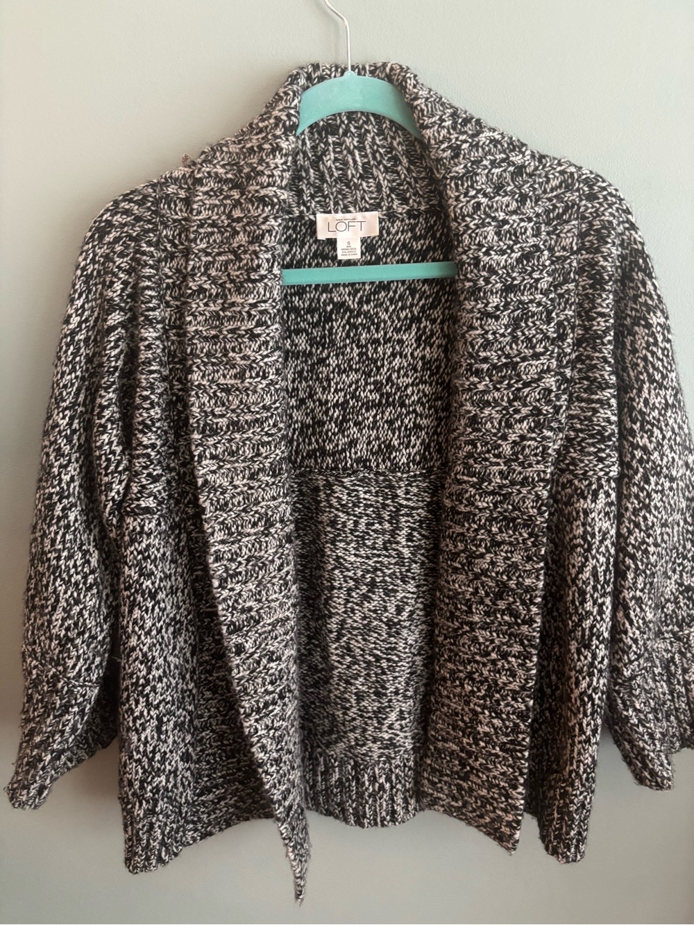 LOFT Black & White Merino Wool Blend Marled Shawl-Collar Open Cardigan Small